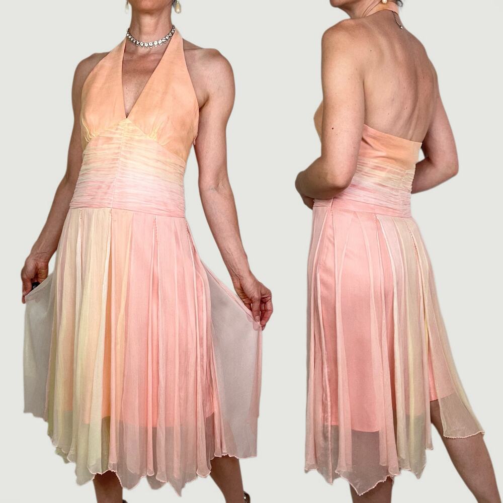 Laundry by Shelli Segal silk beaded halter dress prom cocktail pastel peach 6 - Picture 3 of 15